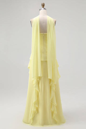 Yellow Ruffled Strapless Long Bridesmaid Dress with Streamer